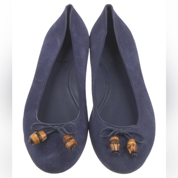 Gucci Blue Suede Bamboo Accent Flats - Picture 2 of 12